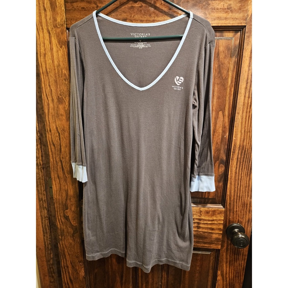 Victoria's Secret Medium Sleep Shirt Gown V Neck 3/4 Sleeve Colorblock Gray Blue